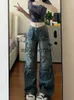 Kvinnors jeans byxor capris kvinnor bf stil y2k streetwear harajuku baggy multi-pocket blå denim last låg midja bred ben 2000s estetik kpop