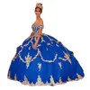 2024 Royal Blue Sexy Quinceanera Dresses Gold Lace Appliques Crystal Beads Off Shoulder Tulle Plus Size Formal Party Prom Evening Gowns Sweep Train