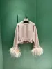 Whitney Wang Designer Style 2024 Spring Fashion Streetwear Puffy Real Ostrich Feathers Cuff Sweatshirt Women Pullover