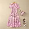 2024 Spring Pink Solid Color Dress Kort ärm Runda hals Midi Casual Dresses A4J09