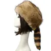 Faux Raccoon Fur Hat Long Tails Design Cute Hats 100% High Quality Russian Beanies Winter Luxury Mongolian Ski Caps 240111