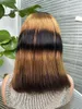 Ombre rak bob mänskliga hår peruk 4x4 transparent spetsstängning 14 tum kort remy peruk för kvinnor