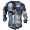 T-shirt vintage pour hommes T-shirts graphiques T-shirts en coton Ligne géométrique Imprimé en 3D Chemise Henley à manches longues Surdimensionné Vêtements pour hommes Tops 240112