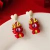 Серьги-гвоздики в китайском стиле со знаком зодиака Дракон для женщин год блестящие кристаллы циркония красные милые серьги с животными для девочек свадебные украшения