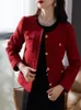 Zoki Elegante giacca in tweed rosso natalizio da donna inverno spesso caldo cappotto dolce francese vintage manica lunga design femminile casual top 240112