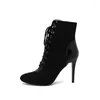 Сексуальные ботинки 2024, весенняя женская обувь из флока с перекрестной завязкой на высоком каблуке 10 см, обувь для вечеринок на высоком каблуке для женщин, большие размеры 34-43