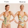 Women's Swimwear Lanswe Yellow Reversable Swimsuit Women 2024 Sexy Two Pieces Printed Double Sizes Bathing Suit Wrap Skirt For Girls