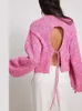 Rosa lavorato a maglia backless Lace Up Oneck Top da donna maglione manica lanterna pullover elegante 2023 moda autunno casual streetwear 240112
