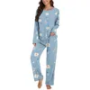 Women's T Shirts 2024 Women 2 Piece Floral Printed Set Long Sleeve Button Down Shirt Wide Leg Palazzo Pants Outfits Matching Sets Pajamas