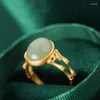 Cluster Rings Ancient Gold Craft Inlaid Natural Hetian Green Jade Oval Bamboo For Women Elegant Classical Ladies Silver Jewelry Open