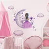 Adesivi murali Principessa sulla Luna ad acquerello per cameretta per ragazze, decalcomanie con fiori e farfalle, decorazione per la camera da letto, per bambini 240112