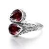 Pure 925 Sterling Silver 2 Stones Womens Garnet Ring Vintage Jewelry Gotic Tear Drop Wedding Anniversary Kvinnlig gåva till fru R 240112