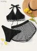 Damenbadebekleidung Frauen Badeanzug Bikini 2023 Neue dreiteilige einfarbige schwarze hohe Taille Badeanzug weibliche Shorts Sommer Bikinis Set Strand YQ240112