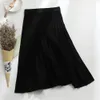 Women Knitted Midi Skirt Elegant Black ALine High Waist Pleated Long Korean Spring Autumn Winter Faldas Femme Jupes 240112