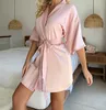 Pyjama en soie simulée à manches mi-longues pour femme, Cardigan court d'été avec pompon à lacets, peignoir fin et Sexy
