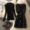 Vintage Mid-Length 75cm Plaid Tweed Vest Jacket Women 2 Piece Set Elegant Pearl Button Belted Unlined Waistcoat And Knit Sweater 240112