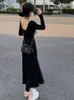 Casual Dresses Black Women Vestidos Slim Sexy Basic All-match U-neck Empire Ankle Length Long Sleeve Female Autumn Gentle Korean Style