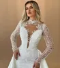 Glamourosa sereia vestidos de casamento trem destacável lantejoulas gola alta vestidos de noiva frisado mangas compridas vestidos de noiva feitos sob encomenda