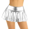 DPOIS Damen-Minirock mit glänzendem Metallic-Plissee, für Erwachsene, niedrige Taille, elastische Röcke, gerüschtes Tanzkostüm, Rave, Karneval, Festival, Kleidung 240112