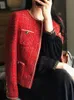 Zoki Christmas Red Tweedジャケット女性エレガントなボタン韓国のショートコートファッションO首の長袖レディカジュアルデザインスイートトップ240112