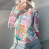 Kvinnors T -skjortor Oumea Women Beach täcker Mesh Topps Summer Sunscreen Sheer Long Sleeve Abstract Print Multi Color Chic som går ut