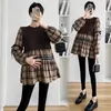 510# Autumn Winter Plaid Patchwork Knitted Maternity Blouses Loose Shirts Clothes for Pregnant Women Pregnancy Tops 240111