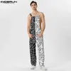 Męskie dżinsy 2023 Mężczyźni Jumpsuits Drukuj patchwork rękawowy streetwear Summer Superends Rompers Fashion Męskie paski kombinezon S-5xll240111