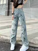 Jeans pour femmes Pantalons Capris Y2K Vêtements Femmes Splatted Ink Torn Wash Graffiti Hole Fashion Loose Straight Wide Leg Pantalon 90s Vintage Vêtements