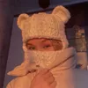 Y2K unisexe hiver bonnet mignon tricoté dessin animé oreilles d'ours drôle chapeau épaissi chaud cagoule cou chaud français couverture chapeau 240111