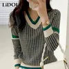 Autumn Winter Vneck Houndstooth Casual Fashion Sweater Ladies Simple AllMatch Knitting Jumper Top Women Loose Pullover Outwear 240112