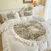 Inverno macio dupla face aconchegante veludo velo vintage francês mansão conjunto de cama babados plissado capa edredão folha fronha 240112