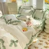Pink Lace Ruffle Bowknot Duvet Cover Bed Skirt Linens Pillowcases Luxury Bedding Set For Girls Woman Decor Home 240112