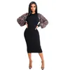 Sequins Puff Sleeve Bodycon Dresses Women Casual Crew Neck Slim Mid Pencil Dress Free Ship