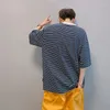 Herr t skjortor bomull randig kort ärm träffar färg o nacke överdimensionerade män ankomst koreanska avslappnade kläder monterade toppar streetwear