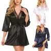 Mulheres sleepwear 1 pc mulheres sexy vestido de noite cetim vestido de renda roupão de noite íntima com cinto senhoras erótica meia manga mini robe