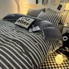 Washed Cotton and Fleece Milk Fleece Single Sheet Set Printed Stripe Duvet Cover Single Side Fleece Thickened Warm Bedding 240111