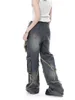 Women Star Stitching Tassel Pants American Retro High Street Jeans Loose Wide Leg Pants Trendy Punk Y2K Pants 240111