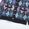 Zach Ailsa-Women의 느슨한 V- 넥 가디건 다이아몬드 니트 스웨터 보석 버튼 초기 봄 코트 240111
