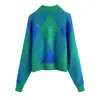 Autumn and Winter Style Lapel Color-blocking Knitted Sweater Long-sleeved Diamond Check Pullover Sweater 240112