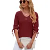 2024 Lente/Zomer Nieuwe Knop V-hals Effen Kleur Losse T-shirt Top Met Halflange Mouwen Dameskleding