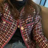 Elegant Weave Plaid Vrouwen Blazer Pocket Plus Fluwelen Winter Causale Tweed Jas Kantoor Dames Jasje 240112