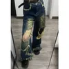 Jeans Femme Américain Rétro Femmes Gland Déchiré Jeans Taille Haute Étoile Patch Marque Tendance Mode Lâche Large Jambe Pantalon De Nettoyage Yolq