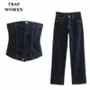 Traf feminino 2023 conjunto de duas peças listrado denim topo temperamento botão tubo 5252009 feminino calças cintura alta 5252010 240112