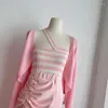 ワークドレス女性ピンクスカートセットビンテージ長袖セータークロップトップとAラインの女性Y2Kエレガントなハラジュクスーツ2000年代服