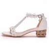 Sapatos de vestido Branco Mulheres Verão Sandália Lace Straps Estilo Floral Sandalias Feminino Beach Low Heels