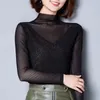 Women's T Shirts Clothing Sexy See Through Half High Collar Black Basic T-shirts Autumn Fashion Long Sleeve Slim Bright Silk Elegant Tops