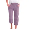 Pantaloni da donna taglie forti in cotone e lino per donna tasche casual pantaloni larghi in vita elastica laterale Harem pantaloni da donna Capri cropped