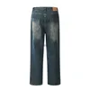 Jeans pour Hommes Délavé Vintage Plissé Stitng Jambe Droite Jeans pour Hommes High Street Baggy Fit Pantalon en Denim Droit Patchwork en détresse Jeansyolq