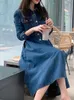 Dress Women Spring Autumn Korean Fashion Vintage Pockets Denim Aline Long Sleeve Top Single Breasted Lady Clothing 240111