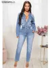 Kvinnors jumpsuits Rompers Stretch Denim Jumpsuit Kvinnor Single-Breasted Washed Lapels Elastic High midja Skinny Long Sleeve Casual New Pencil Streetwearl240111